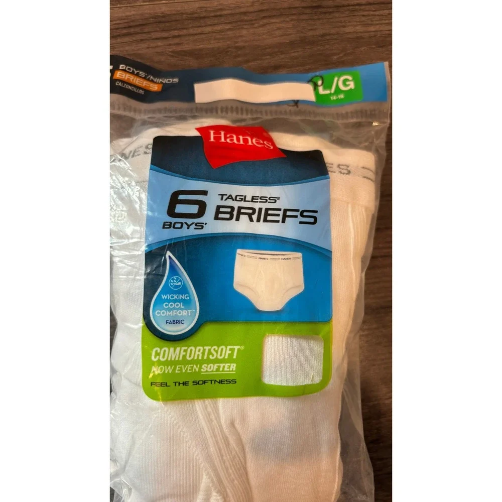 Hanes Boys 6 Pack Tagless Briefs White ComfortSoft Cotton Size Large 14-16